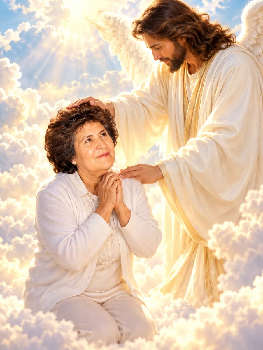 Ilustración de Yolanda en oración, recibida por Jesús entre las nubes